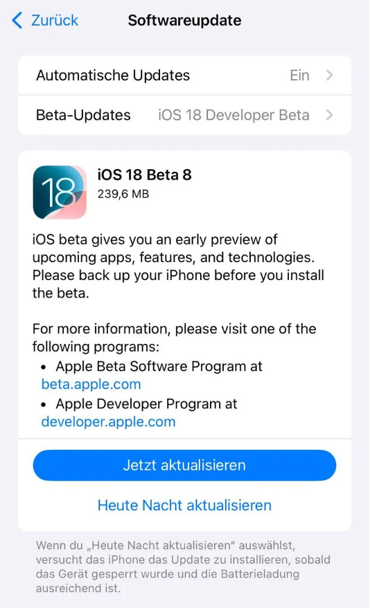 乳源苹果手机维修分享苹果 iOS / iPadOS 18 开发者预览版 Beta 8 发布 